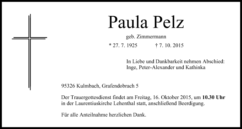  Traueranzeige für Paula Pelz vom 14.10.2015 aus MGO