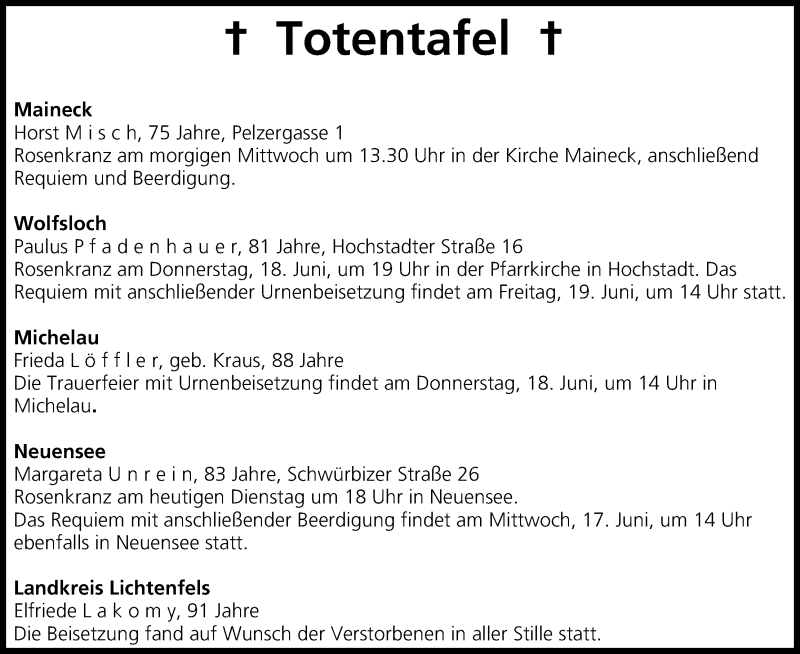 Traueranzeige für Totentafel vom 16.06.2015 vom 16.06.2015 aus MGO