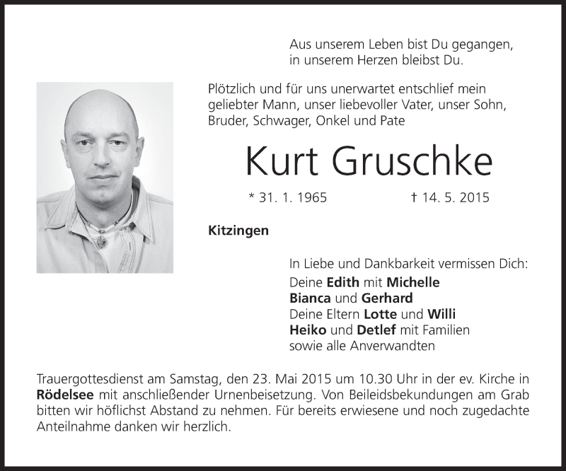 Traueranzeige für Kurt Gruschke vom 20.05.2015 aus MGO