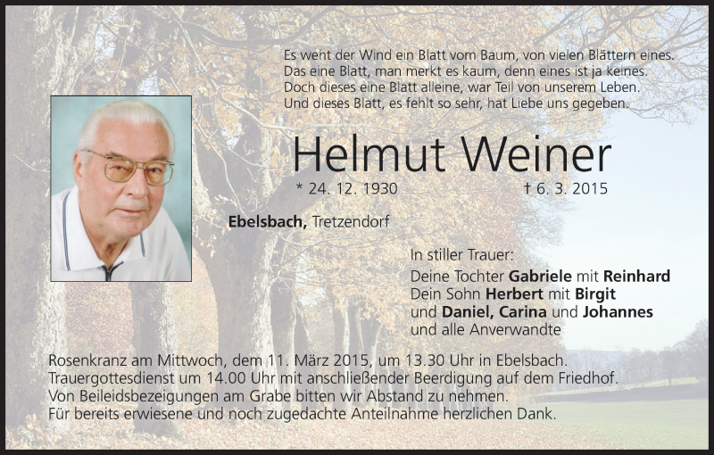  Traueranzeige für Helmut Weiner vom 09.03.2015 aus MGO