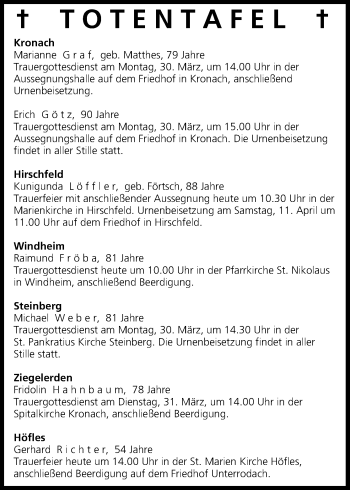 Anzeige von Totentafel vom 28.03.2015 von MGO