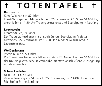 Anzeige von Totentafel vom 24.11.2015 von MGO