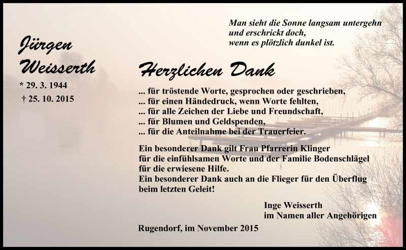  Traueranzeige für Jürgen Weissert vom 26.11.2015 aus MGO