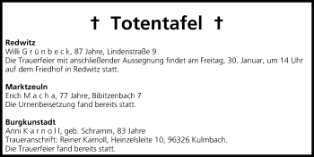 Anzeige von Totentafel vom 30.01.2015 von MGO