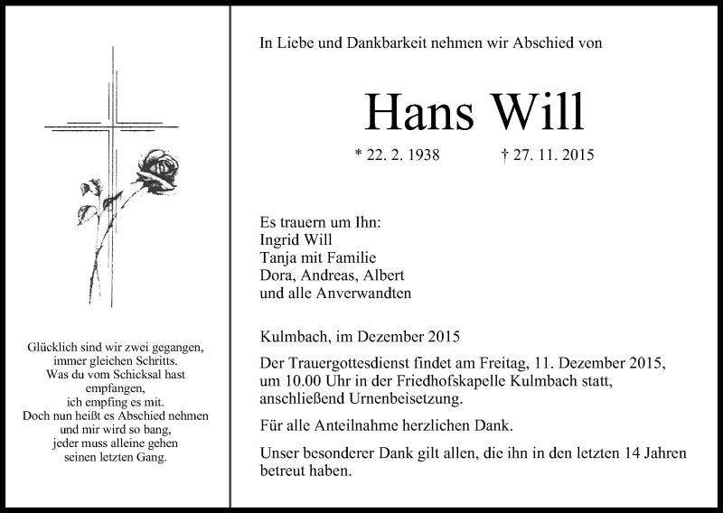  Traueranzeige für Hans Will vom 09.12.2015 aus MGO