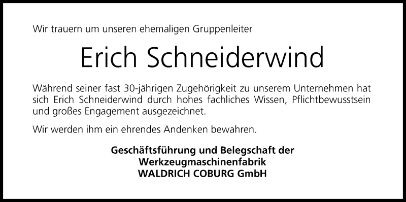  Traueranzeige für Erich Schneiderwind vom 15.06.2015 aus MGO