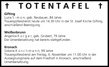 Anzeige von Totentafel vom 04.11.2015 von MGO
