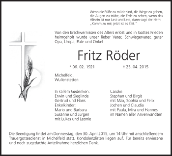 Anzeige von Fritz Röder von MGO