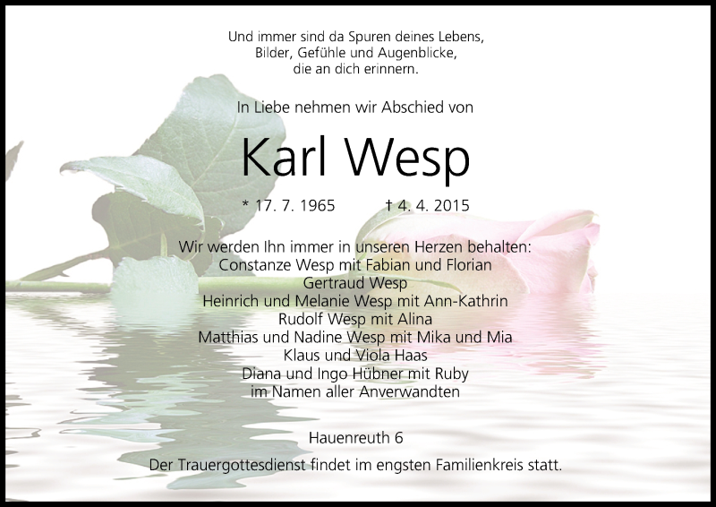  Traueranzeige für Karl Wesp vom 13.04.2015 aus MGO