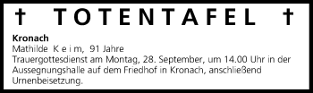 Anzeige von Totentafel vom 25.09.2015 von MGO