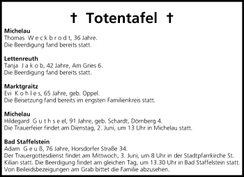 Anzeige von Totentafel vom 02.06.2015 von MGO