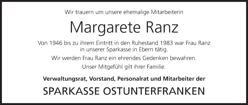  Traueranzeige für Margarete Ranz vom 20.05.2015 aus MGO
