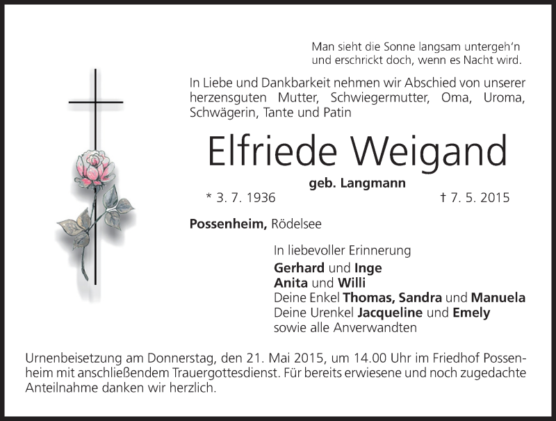  Traueranzeige für Elfriede Weigand vom 20.05.2015 aus MGO