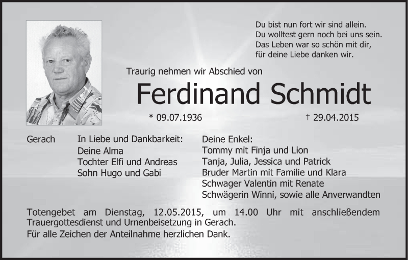  Traueranzeige für Ferdinand Schmidt vom 09.05.2015 aus MGO