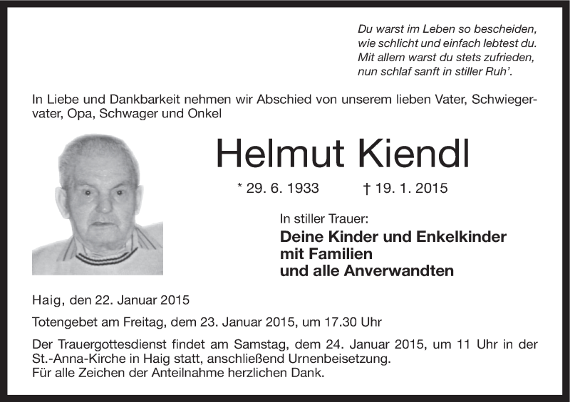  Traueranzeige für Helmut Kiendl vom 22.01.2015 aus MGO