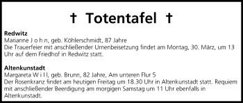 Anzeige von Totentafel vom 27.03.2015 von MGO