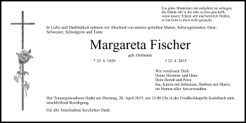 Anzeige von Margareta Fischer von MGO