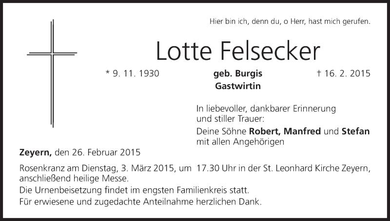  Traueranzeige für Lotte Felsecker vom 26.02.2015 aus MGO