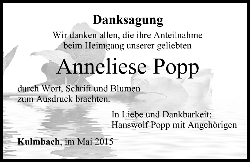  Traueranzeige für Anneliese Popp vom 16.05.2015 aus MGO