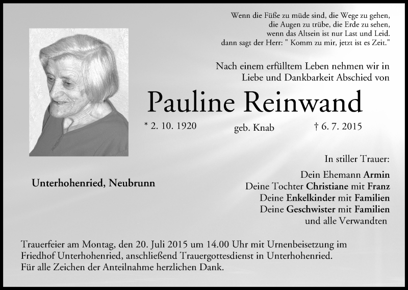  Traueranzeige für Pauline Reinwand vom 16.07.2015 aus MGO