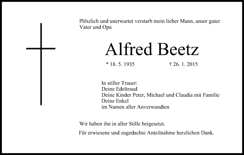  Traueranzeige für Alfred Beetz vom 04.02.2015 aus MGO