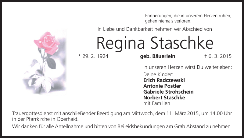  Traueranzeige für Regina Staschke vom 09.03.2015 aus MGO