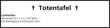 Anzeige von Totentafel vom 06.02.2015 von MGO