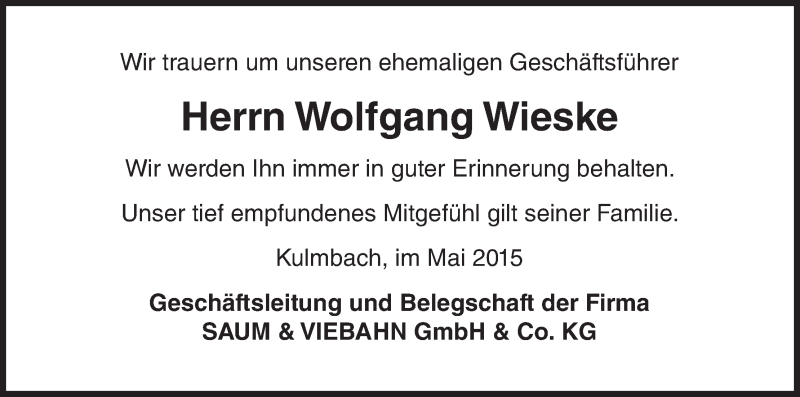  Traueranzeige für Wolfgang Wieske vom 12.05.2015 aus MGO