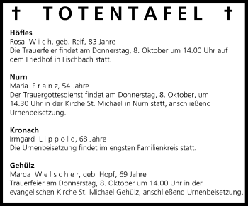 Anzeige von Totentafel vom 07.10.2015 von MGO