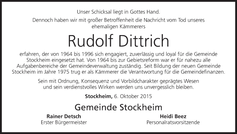  Traueranzeige für Rudolf Dittrich vom 06.10.2015 aus MGO