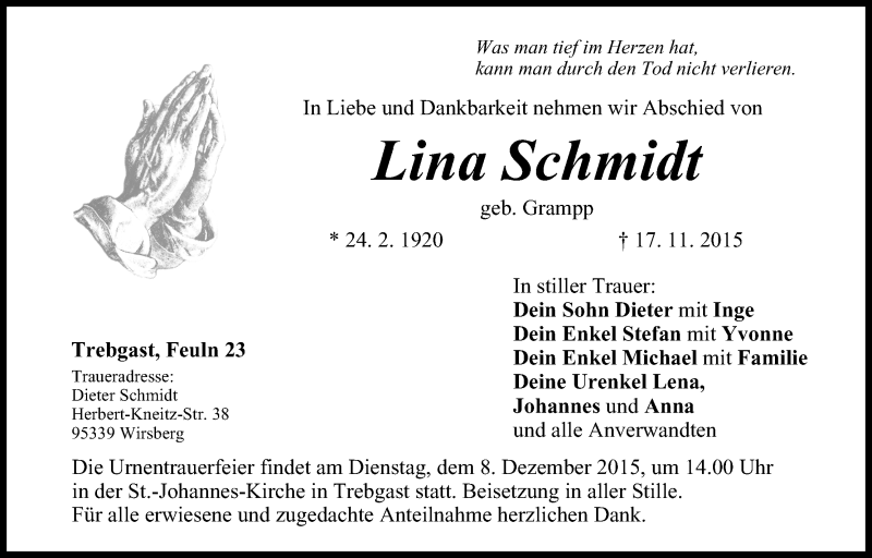  Traueranzeige für Lina Schmidt vom 04.12.2015 aus MGO