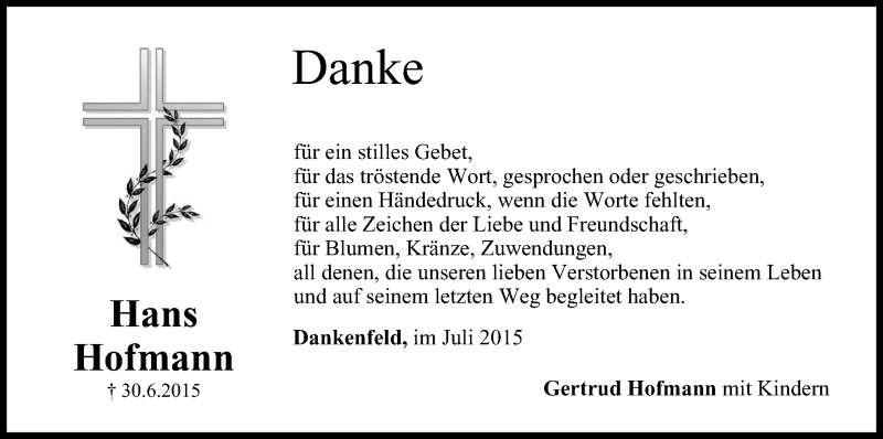  Traueranzeige für Hans Hofmann vom 18.07.2015 aus MGO