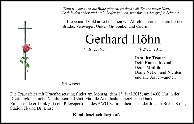  Traueranzeige für Gerhard Höhn vom 12.06.2015 aus MGO