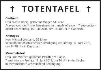 Anzeige von Totentafel vom 11.06.2015 von MGO