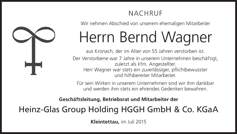  Traueranzeige für Bernd Wagner vom 01.08.2015 aus MGO