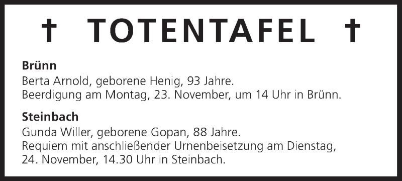  Traueranzeige für Totentafel vom 21.11.2015 vom 21.11.2015 aus MGO