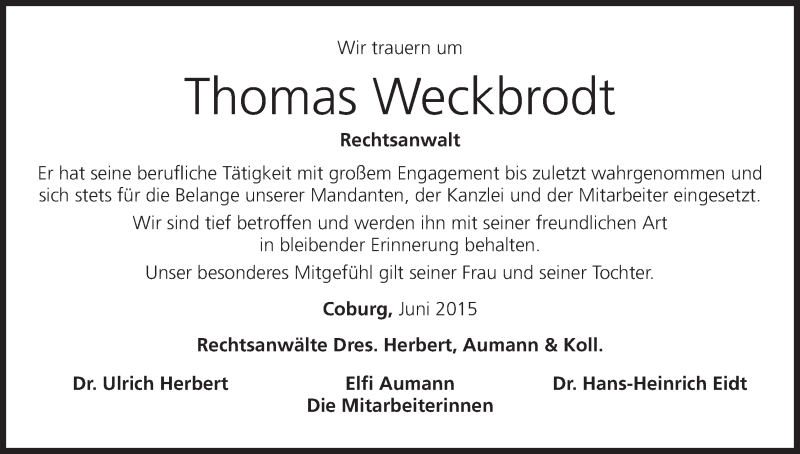  Traueranzeige für Thomas Weckbrodt vom 01.06.2015 aus MGO