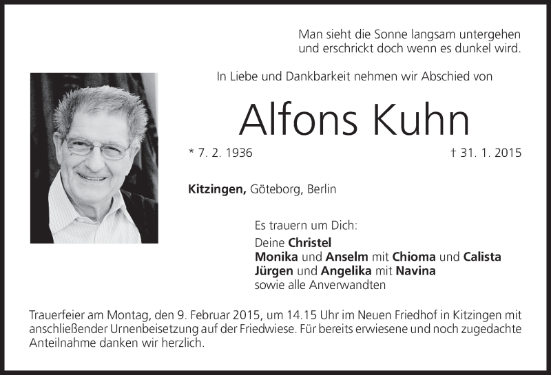  Traueranzeige für Alfons Kuhn vom 05.02.2015 aus MGO