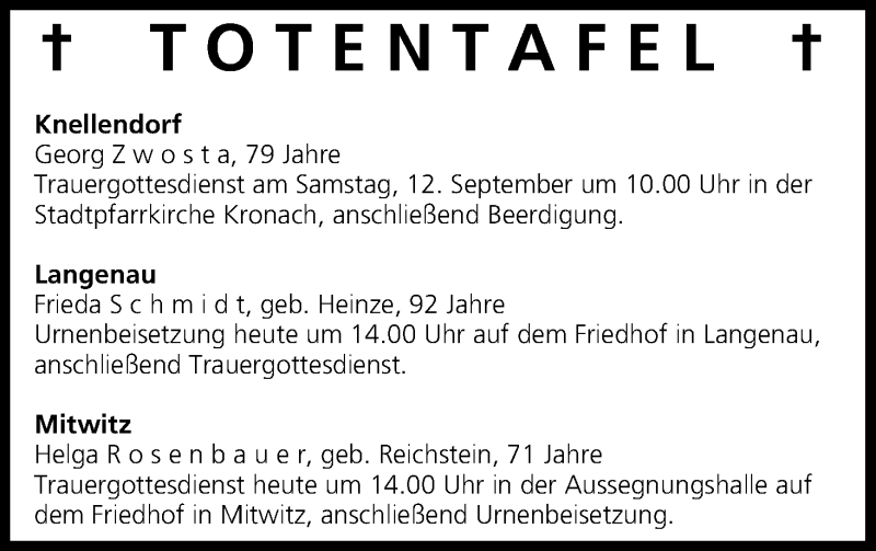  Traueranzeige für Totentafel vom 11.09.2015 vom 11.09.2015 aus MGO