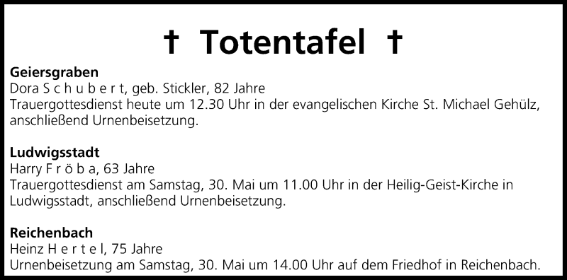  Traueranzeige für Totentafel 29.05.2015 vom 29.05.2015 aus MGO