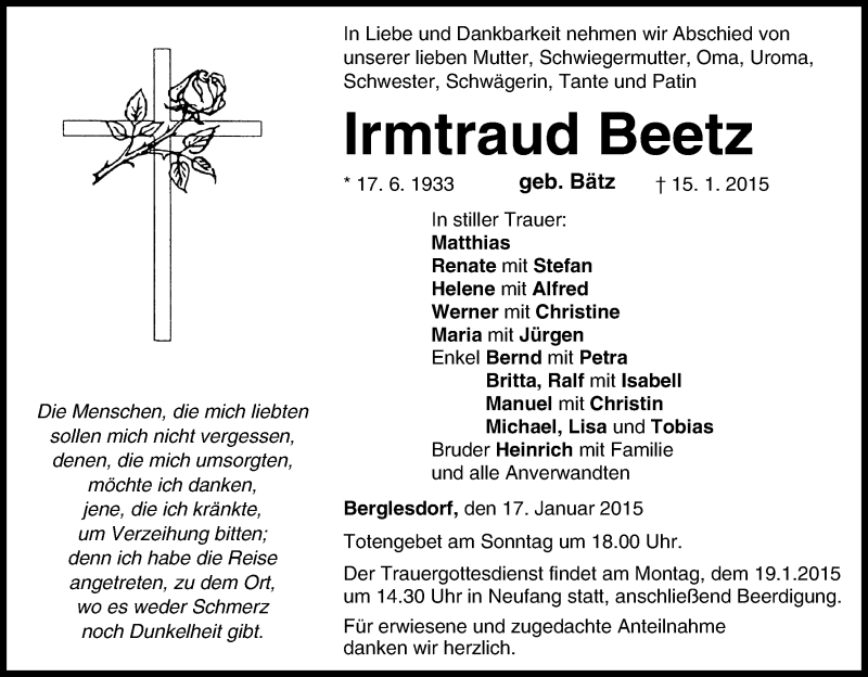  Traueranzeige für Irmtraud Beetz vom 17.01.2015 aus MGO