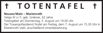 Anzeige von Totentafel vom 06.08.2015 von MGO