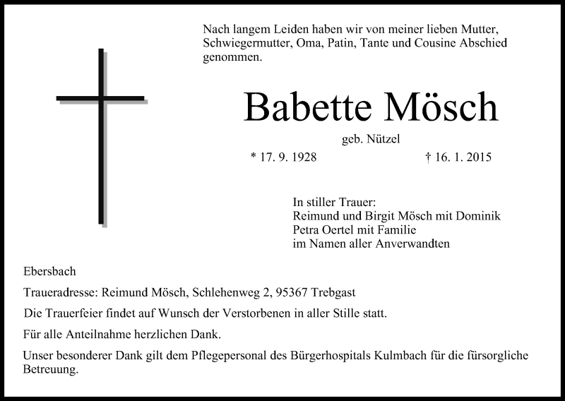  Traueranzeige für Babette Mösch vom 19.01.2015 aus MGO