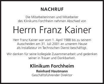Anzeige von Franz Kainer von MGO