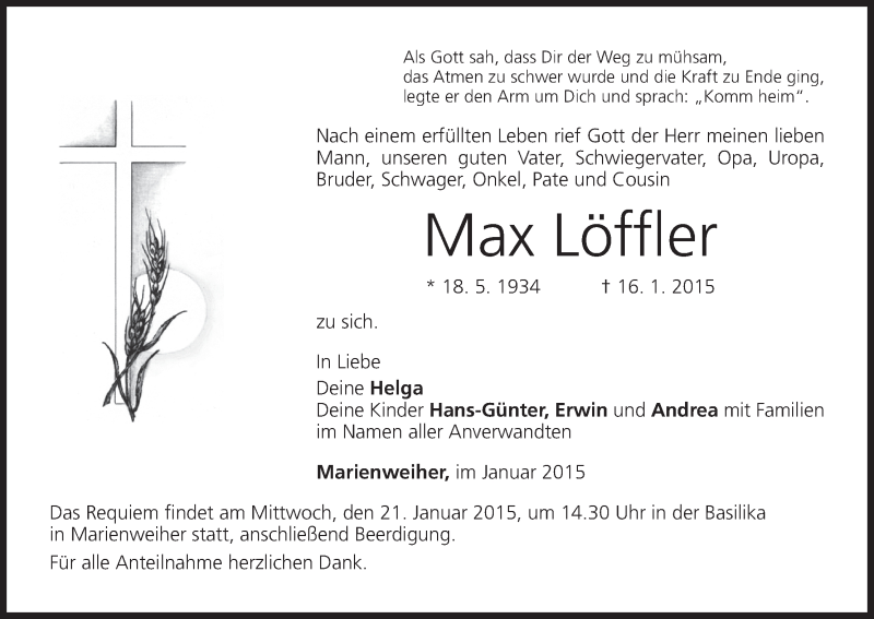  Traueranzeige für Max Löffler vom 19.01.2015 aus MGO