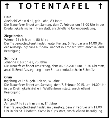 Anzeige von Totentafel vom 06.02.2015 von MGO