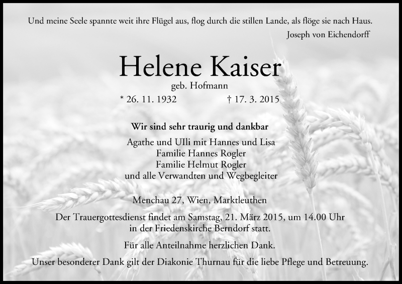  Traueranzeige für Helene Kaiser vom 19.03.2015 aus MGO