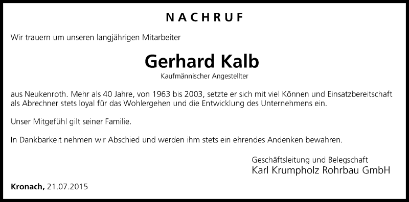  Traueranzeige für Gerhard Kalb vom 21.07.2015 aus MGO