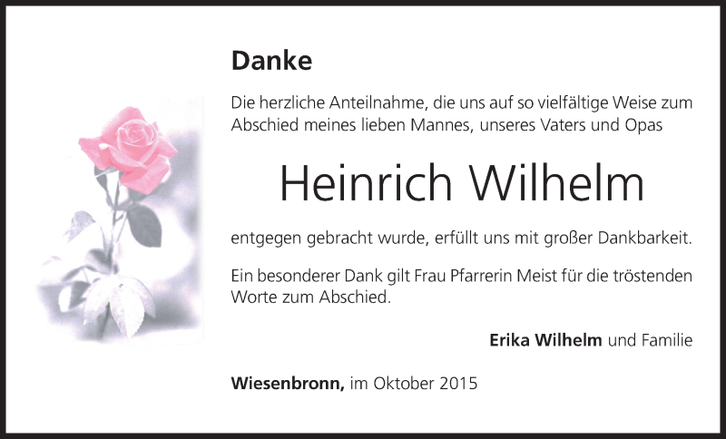  Traueranzeige für Heinrich Wilhelm vom 31.10.2015 aus MGO