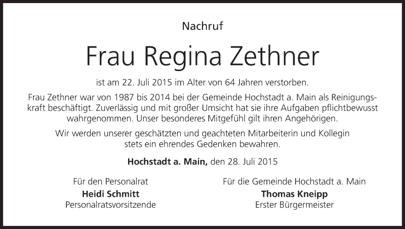  Traueranzeige für Regina Zethner vom 29.07.2015 aus MGO